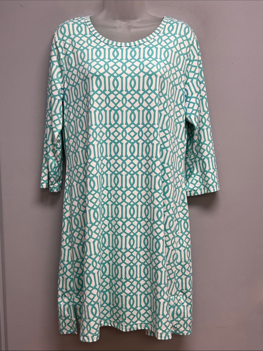 Lulu B Life Aqua & White Geometric Print UPF 50+ Shift Dress Beach Cover-Up L